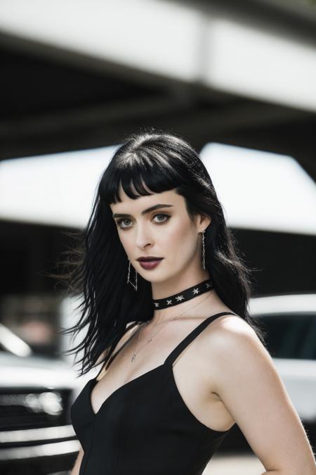 closeup  photo, RAW photo, krystter (wearing a black goth dress), in a (well lit parking:1.1), choker, black mascara, thin body, (sideboob:1.1), (high detailed skin:1.2), 8k uhd, dslr, soft lighting, high quality, film grain, Fujifilm XT3  <lyco:KrystenRitterDoguRemastered:1>