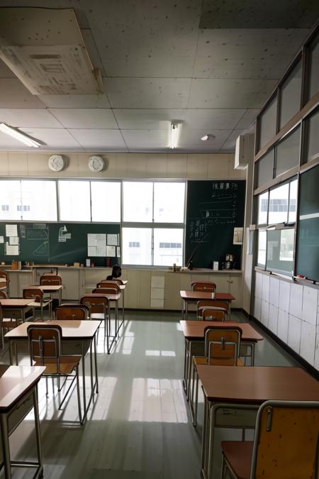 <lora:schoolBuildingScenery_test5Ep8:1>
kyoushitsu, classroom, indoors, school chair, school desk, chalkboard, window, ceiling light, curtains, tree, 8k, masterpiece, absurdres, anime,