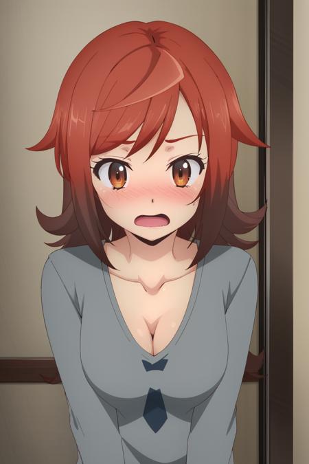 <lora:retto_enjou_girl-16:1> retto_enjou_girl, 1girl, red hair, solo, short hair, red eyes, oversized shirt, cleavage, embarrassed, blush, wavy open mouth, upper body,