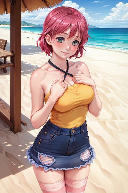 (masterpiece, best quality:1.2), <lyco:resortboin_iihara-10:0.8>, cowboy shot, solo, 1girl, iihara nao, smile, looking at viewer, hand on own chest, criss-cross halter, yellow shirt, denim skirt, pink thighhighs, striped thighhighs, beach