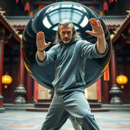 1man,60 yo,((Sean Connery)) , gray hoody, rolled up sleeves, long hair, jersey, white sneakers, (muscular:1.4), 2 meters tall,kung fu pose, Huge black crystal ball background, in chinese temple,  ((close shot)), color movie, intricate in the background, (((film grain))),  extremely detailed, 8k, (((detailed skin))), cinematic