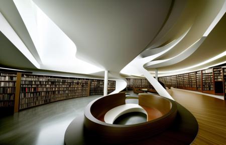 (masterpiece), (best quality), interior, library,zaha hadid