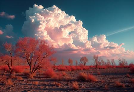 Clouds of iridescent gas dance across the sky, while metallic trees reflect their colors on a barren landscape, wallpaper, masterpiece