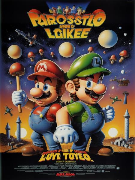 80s movie poster, Mario and Luigi, Mushroom castle background, black border<lora:80s Movie Poster Style v2:1>