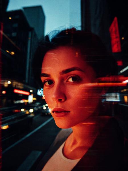 double exposure, unique perspective, cinematic angle, city, portrait, glitch, ghostly, chiaroscuro