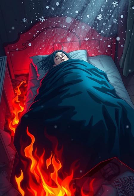 Illustration: A girl lies peacefully on a bed wrapped in a bright, warm blanket, standing out against the chaos. The dark blue colored blanket creates a contrast, calming and drawing attention. Flames burst out beneath the bed, illuminating the room with an eerie red light and creating long shadows. A blizzard rages above the bed, snowflakes swirling in a destructive dance. The contrast between the warm blanket and the ice storm creates a sense of tension and unease. The camera on the right allows the viewer to be fully immersed in the scene. The high level of detail emphasizes contrast and realistic elements. The overall effect is a sense of tension and unease, drawing the viewer into the chaotic and dangerous world around the girl. The high level of detail makes the image exciting and disturbing, providing an unforgettable visual experience.