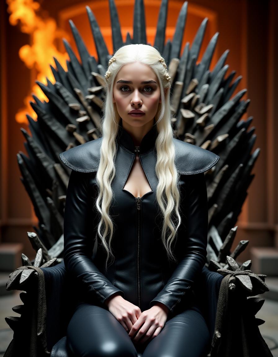 <lora:GOTemiliaClarkeQuiron_FLUX:1.7> GOTemiliaclarkeQuiron, a woman with white hair, Emilia clarke as Daenerys targaryen in hbo's 'game of thrones',   sitting on the iron throne with fire in the background  at Spooky Crypt