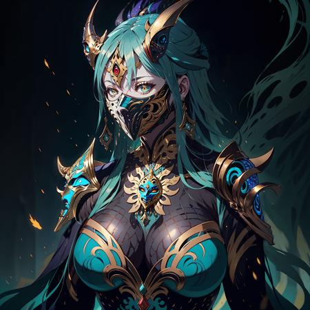 photorealistic, (hyperrealistic:1.2), beautiful, masterpiece, best quality, extremely detailed face, perfect lighting, full body,  WarriorStyle, armor, (mask:1.4), (oni horns:1.1), large breasts, wide hips, glowing, glowing eyes,  <lora:beautifulDetailedEyes_v10:0.4>, intricate design, golden oni horns, turquoise hair,