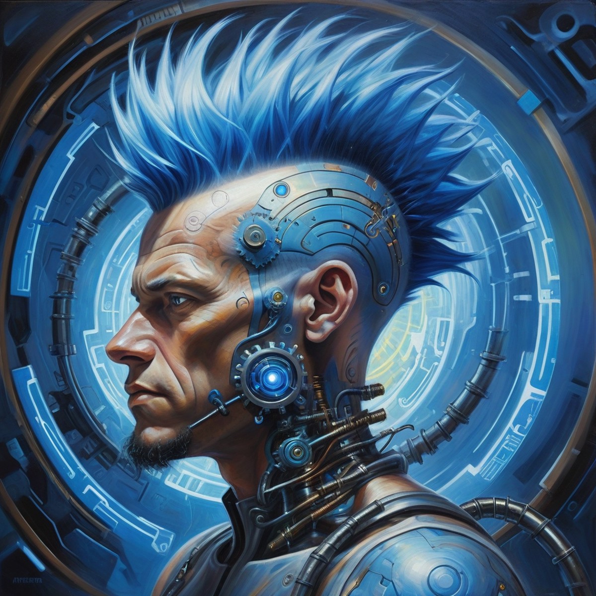 cinematic oil painting of a science fiction man with a blue mohawk and mechanical circuitry in a mystical technological sw...