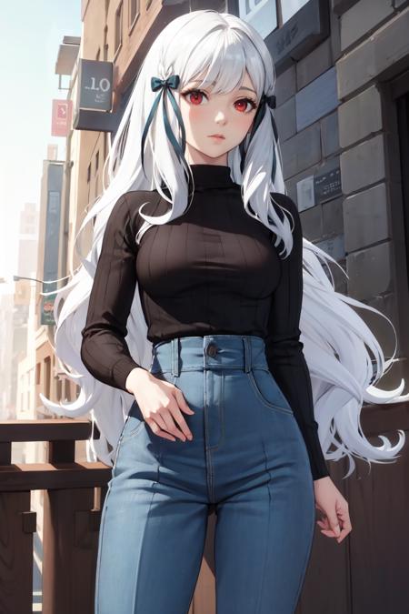 masterpiece, best quality, absurdres, 1girl, solo, SophiaAscart, long hair, hair ribbon, sweater, ribbed sweater, long sleeves, high-waist pants, outdoors, city, <lora:SophiaAscart:1.0>