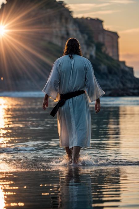 Raw hdr photo of jesus christ, backview, full body, ((walking above water)) at sunrise, beach, majestic, inspiring, disquieting, intricate high details, (water reflections), focus, togue, mantle, beard, (hair blowing in the wind), dramatic light, ((sun rays in a blue sky)), clear sky,  (hyper realistic:1.2), (high detailed skin:1.2), 8k uhd, dslr, high quality, film grain, Fujifilm XT3,  epiCRealism