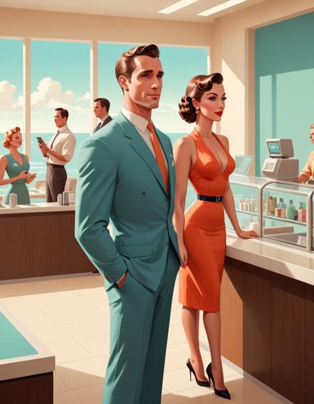 breathtaking (Vector image:1.3) of (Illustration:1.3) <lora:FF_Style_-_James_v2164:1> James Gilleard Style, James Gilleard art,James Gilleard illustrations, James Gilleard, a man and woman are standing at a counter, in style of james gilleard, james gilleard artwork, digital illustration, stylized digital illustration, by Trevor Brown, by Daniel Ljunggren, by Craig Thompson, by mads berg, 1950s illustration style, by James Gilleard, inspired by James Gilleard, brittney lee, jen bartel,(Flat style:1.3),Illustration,Behance . award-winning, professional, highly detailed