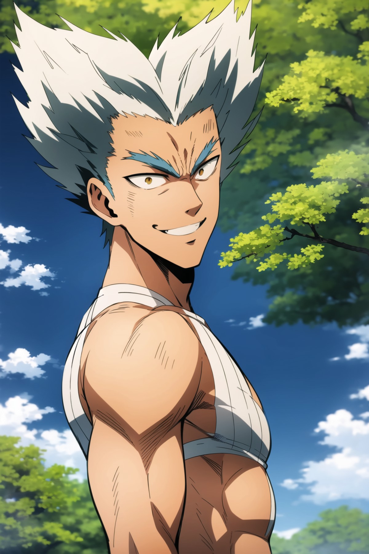 garou, anime, one punch, 1boy, upper body, male focus, solo, spiked hair, white hair, looking at viewer, sky, smile, cloud...