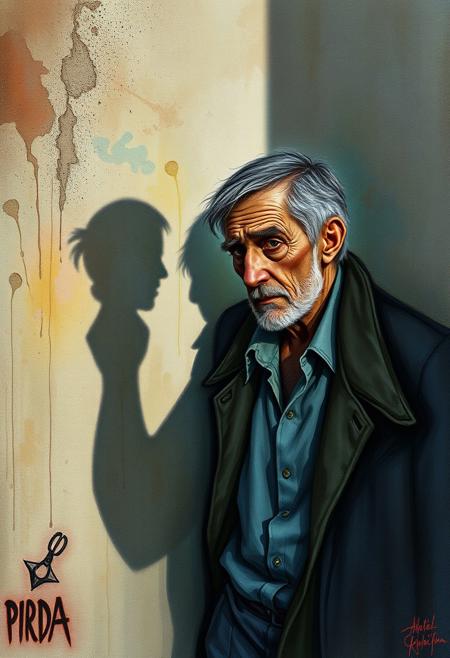 A weary man’s shadow on the wall
, photographer, portrait
, fantasy, magic, watercolor, ink, acrylic,   emotional turmoil, character expression, digital art, chalk drawings, colorful designs, nostalgic atmospheres