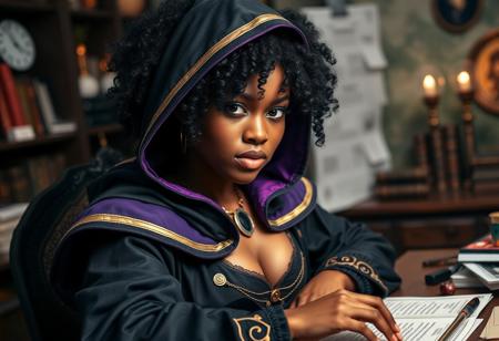 A beautiful young black woman sitting at a desk, playing D&D as a Dungeon Master. The composition should show from the top of her head to the mid of her bust, with some cleavage visible. She has black curly hair and bright brown eyes, wearing stunning high fantasy robes with a black and purple hood adorned with gold trim. The background should suggest a cozy, imaginative gaming environment, filled with dice, character sheets, and fantasy elements, enhancing the sense of adventure and creativity.