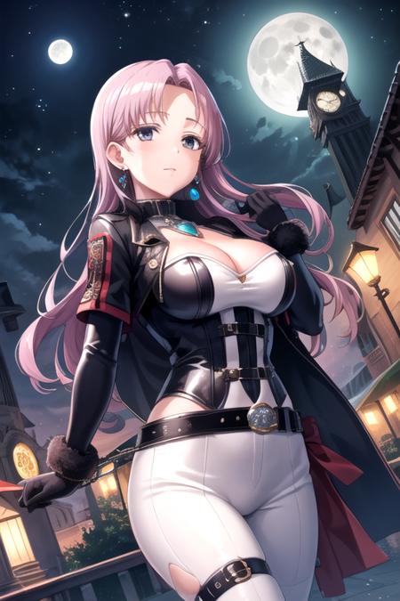 <lora:HiiroYano-05:0.7> ,hiiroyano, solo, looking at viewer, gloves, holding, cleavage, jewelry, earrings, sky, belt, dutch angle, bodysuit, night, moon, building, between breasts, gem, night sky, full moon, card, clock, lamppost, playing card, tower, clock tower