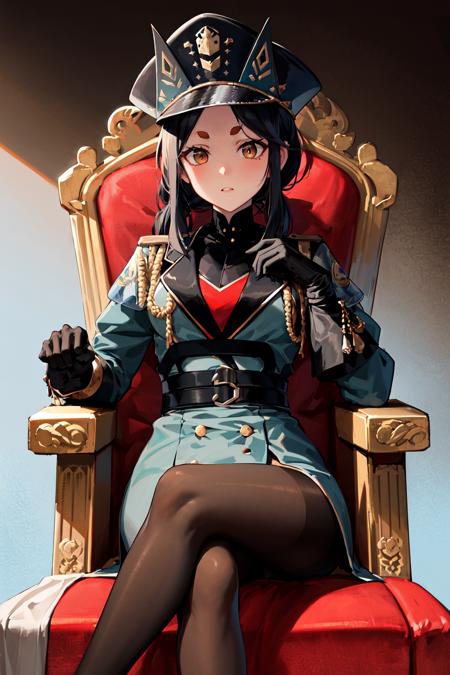 masterpiece, best quality, highres, dob1, long hair, ponytail, military uniform, black gloves, black headwear, hat, sidelocks, pantyhose, thick eyebrows, <lora:dobermann_(arknights)_v1:0.7>, throne, sitting, crossed legs,