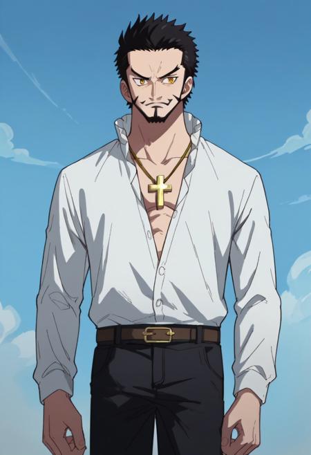 MihawkOP black Mihawk hair, Mihawk facial hair, yellow-black Mihawk eyes, 