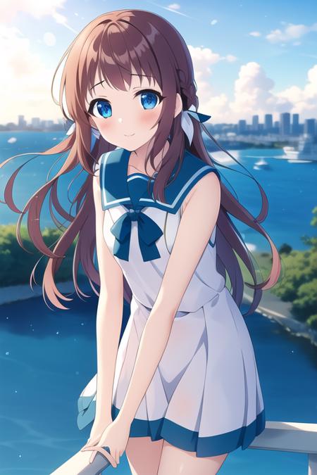 masterpiece, best quality,1girl,solo,loli,mukaido manaka,ruby hair,long hair,blue eyes,white sailor dress,blue sailor collar,blue neck ribbon,hair ribbon,<lora:mukaidomanaka:0.6> ,cowboy shot, sunny,milky way, blurry background, natural light, morning,starry sky, dynamic light,lens flare, in the morning light, Overlooking TOKYO beautiful city with Fujiyama