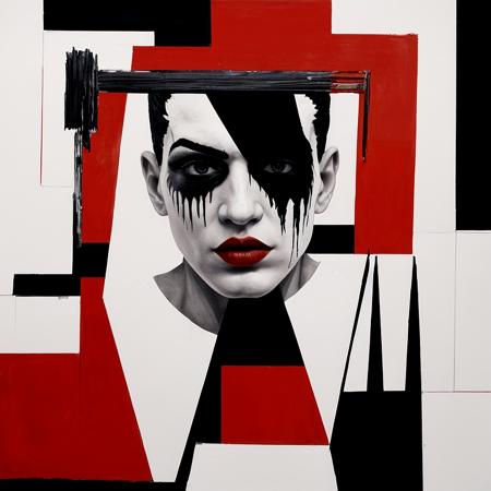 Rage against the machine, Expressionist style, chaos, unique, visionary, bold brush strokes, palette of red, black, and white, fragmented and angular features, deep shadows with sharp contrasts, textured finish, cinematic, dslr, high quality, 32k resolution, RAW photo, (hyper detailed), HDR, UHD, wide angle