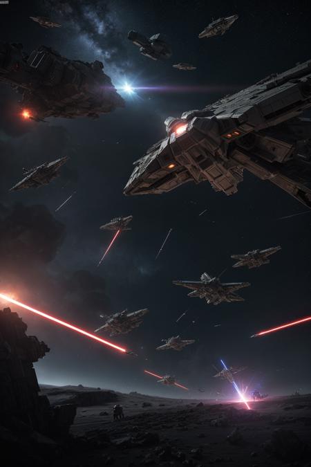 A high-stakes sci-fi space battle above a shattered planet, massive mechs launching from space carriers, laser fire streaking through the void, asteroid debris, cinematic scale, glowing thrusters, epic detail, dark sci-fi atmosphere, Star Wars and Gundam inspired, 8k artwork