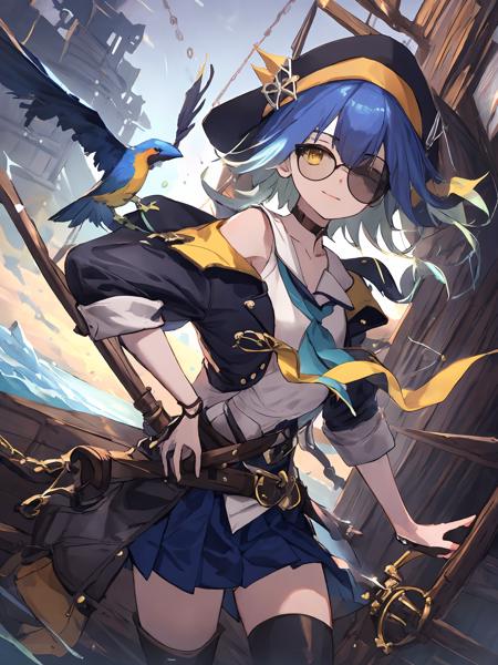 masterpiece,best quality,highres,cinematic lighting,dramatic angle,jail,prison,<lora:ShadowverseBarbarosV1-000030:0.8> ,portrait,wet,sailor collar,bowtie,bare shoulders,white shirt,hat,hair ornament,blue short hair,gardient hair,yellow eyes,belt,pleated skirt,(asymmetrical legwear,single thighhigh:1.1),bird,close-up,straight-on,rain,heavy rain,raindrop,strong wind,wheel,on boat,ship,on ship deck,wooden floor,waves,thunderstorm,aboard ship,sunglasses,portrait,close-up