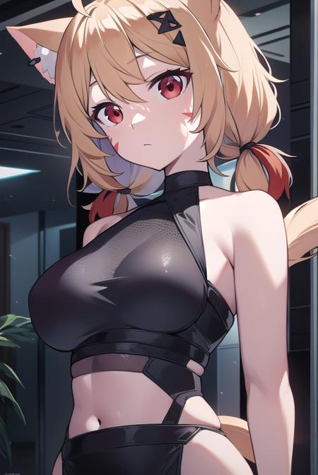 shyreifaolan, <lyco:shyreifaolan-pruned-lyco-nochekaiser:1>,
shyrei faolan, bangs, blonde hair, hair ornament, animal ears, twintails, (red eyes:1.3), tail, ahoge, cat ears, cat tail, low twintails, facial mark, cat girl, tail ornament, medium hair,
BREAK gloves, navel, bare shoulders, black gloves, (original outfit:1.5),
BREAK looking at viewer,
BREAK indoors,
BREAK <lora:GoodHands-vanilla:1>, (masterpiece:1.2), best quality, high resolution, unity 8k wallpaper, (illustration:0.8), (beautiful detailed eyes:1.6), extremely detailed face, perfect lighting, extremely detailed CG, (perfect hands, perfect anatomy),