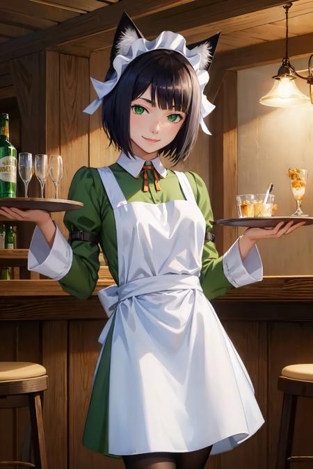 masterpiece, best quality,  <lora:chloerollo-nvwls-v1-000009:0.9> chloe rollo, cat ears, maid headdress, green dress, white apron, long sleeves, pantyhose, cowboy shot, looking at viewer, holding tray, bar, smile