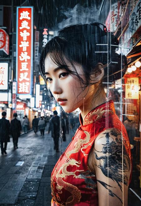A moody, (ink-rendered:1.5) (double exposure poster artwork: 1.6). The mainimage dominates with a close-up, photorealistic portrayal of a serene Oriental woman—hair tousled as if caught in a breeze, a vibrant short red cheongsam clinging to her figure, its embroidered dragons glimmering under ambient chiaroscuro light. Her bare shoulders and parted lips evoke quiet vulnerability. Merging into her form is the bustling energy of a Tokyo-style Chinatown at night: glimmering wet streets reflecting rainbow-hued kanji signage, LED ads pulsing on building faces, and distant steam rising from food stalls. chinese characters and digital artifact around her portrait on the artwork made on japanese paper canvas leaving the sides of the poster nearly blank, only a few double-exposure artifacts on the edge sides. The (double exposure: 1.4) blurs lines between skin and skyline, creating an evocative union of human emotion and urban electricity. Ink textures emulate sumi-e brushwork layered over high-resolution realism, creating a dreamlike tension—[best quality], dramatic poster art.