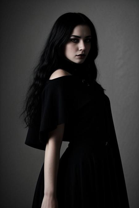film stripes, photorealistic,perfect face, pitch black background, pitch black room, pitch black scenario, ((greyscale)), strong eyeliner, dark gothic romance look, pitch black gown, very beautiful woman, long pitch black hair, massive wild bodylong pitch black hair, vampira inspired by maila nurmi, like an ed wood movie, pitch black withered cape, very aristocratic noble pose, view slightly from the side