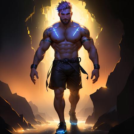 a lean hairy shirtless man, body covered in colourful splashes of lights, full body, moody, award winning concept art, 8K, natural lighting, illuminism