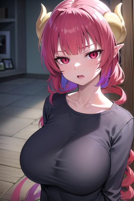 dragonilulu, <lora:ilulu-lora-nochekaiser:1>,
ilulu, curled horns, horns, long hair, multicolored hair, purple hair, (red eyes:1.5), red hair, (slit pupils:1.5), (large breasts:1.2), <lora:sensualface_type2:1>, open mouth,
BREAK black shirt, (long shirt:1.5), black thighhighs, collarbone, shirt, short sleeves, thighhighs, wide sleeves, zettai ryouiki,
BREAK looking at viewer, upper body, fully body,
BREAK indoors,
BREAK <lyco:GoodHands-beta2:1>, (masterpiece:1.2), best quality, high resolution, unity 8k wallpaper, (illustration:0.8), (beautiful detailed eyes:1.6), extremely detailed face, perfect lighting, extremely detailed CG, (perfect hands, perfect anatomy),