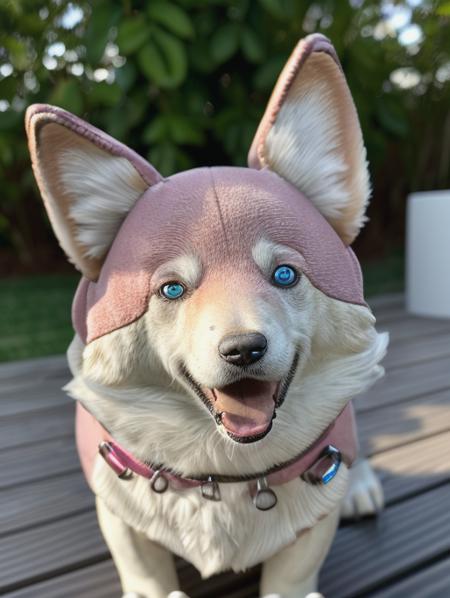 best quality, masterpiece, highres, detailed, <lora:Detail - add_detail:0.2>, Joshu-kun, coyote, pink fur, blue eyes, <lora:Joshu-kun-07:0.9>, no human, dog, outdoors, robot dog,