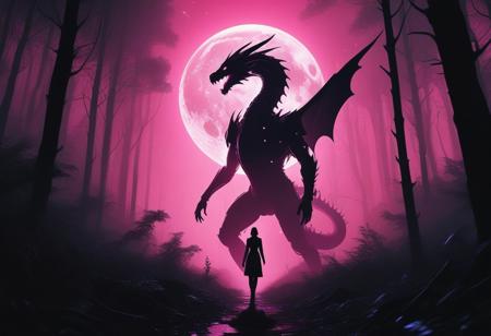In a cyberpunk-inspired realm, Theme: Futuristic, cyberpunk-inspired tarot deck
The Moon: A figure, walking through a dark, foggy forest, is haunted by ghostly apparitions.
The background is the silhouette of a dragon emerges from the darkness, its form composed of the same vibrant energy. The entire scene is bathed in a contrast of deep blacks and brilliant pinks, creating a dynamic and visually striking composition. Particles of light scatter through the air, adding to the mystical atmosphere. This digital illustration blends elements of anime artistry with futuristic aesthetics, resulting in a captivating image that radiates energy and intensity.