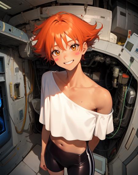 Edward,  midriff, orange hair, (white loose shirt), off shoulder,  blush stickers, 
bike shorts, brown eyes, toned,   
smile, space station, engine room, 
standing,  upper body, 
 (insanely detailed, beautiful detailed face, masterpiece, best quality
 <lora:EDWARD:0.7>