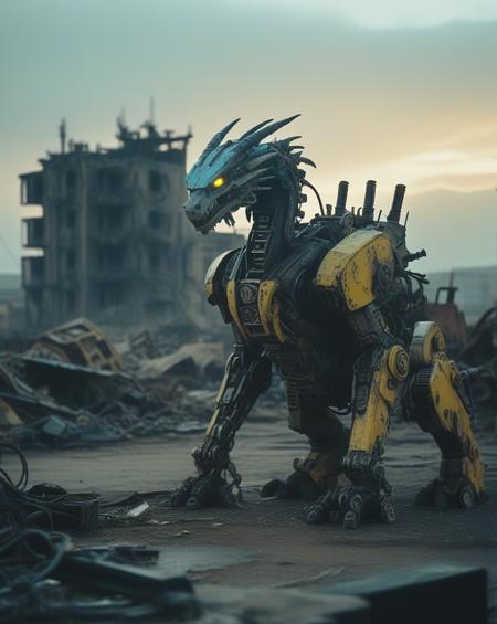 A cybernetic Dragon stands amidst ruins, with one side resembling a mechanical robot and the other side retaining its natural fur. The background is a desolate wasteland with crumbling buildings, rusted machinery, and a toxic yellow sky. Incorporate subtle details like glowing blue circuits, exposed wires, and worn leather straps to convey a sense of decay and technological overreach