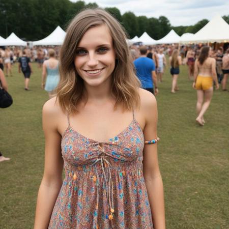 Hyperrealistic photoshot: (ByronyXL is standing at a festival area, smiling, without makeup, wearing a colorful summer outfit, 25 years old, light brown hair, average figure),