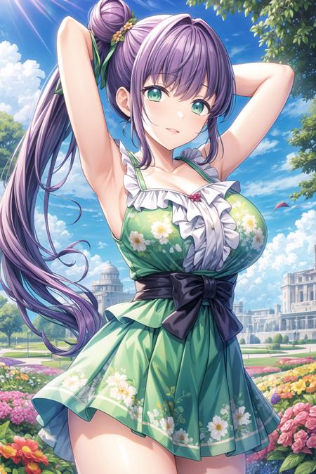 (masterpiece, best quality, ultra-detailed), (illustration), (beautiful detailed eyes), 1girl, solo,  otomune kozue, (cowboy shot:1.3), (purple hair:1.3), (side ponytail, side hair bun:1.5), green eyes, (long hair:1.5), <lora:KozueV2:0.55>, (mature face, parted lips, large hips, robust body, large breasts:1.2), BREAK (outdoors, greenary:1.1), BREAK (blue blouse, sleeveless, green miniskirt, flowers print, frills, thighs:1.2), BREAK looking at viewer, smile, (better hands, perfect hands, five fingers), (standing), (arms support:1.3),  <lora:add_detail:0.7>,