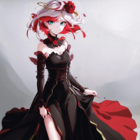 <lora:DestinyV1:0.65>,1girl,cosette schneider, Destiny,((black long dress)),red flower, hair ornament, red rose, hair flower, short hair, green eyes, standing,multicolored hair,