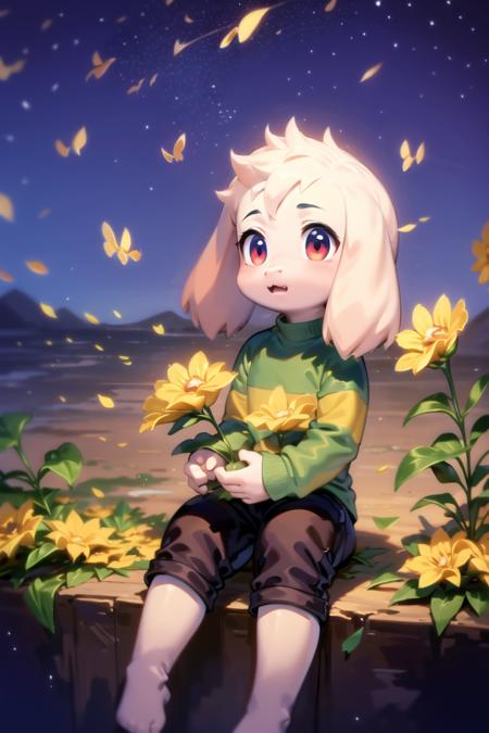 1boy, <lora:asriel-30:0.8>, solo, kid, sit, night, side, stars, flowers, red eyes, t-shirt, pants