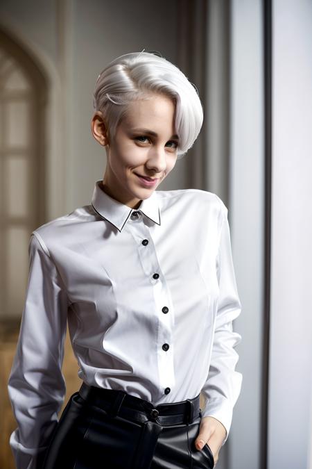 LisaEckhart, woman, portrait, realistic, white hair, shirt, pants, cinematic, smile, 
<lora:LisaEckhartSD_v3:1>