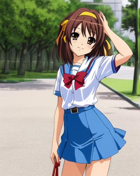 <lora:12-000020:0.5>,very detailed ,highres,(masterpiece_1.0),(best quality_1.0),1 girl, solo,haruhi suzumiya, cowboy shot, school uniform,yellow hairband, full body, looking at viewer,