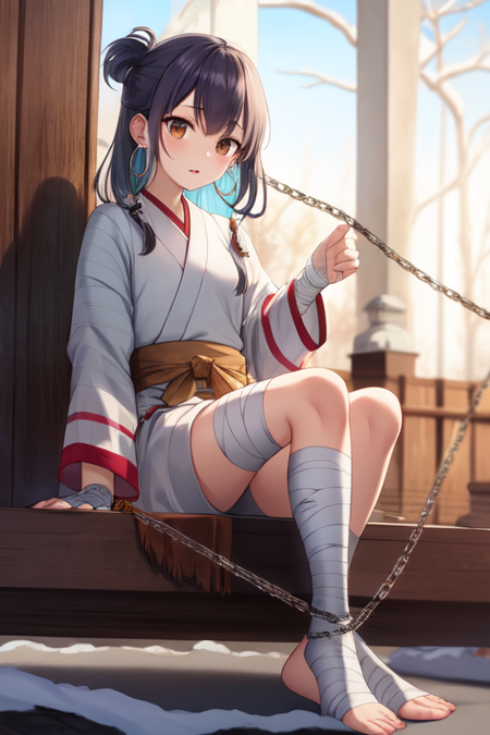 ainu, earrings, bandages, hoop earrings, weapon, full body, sitting, brown eyes, chain, winter