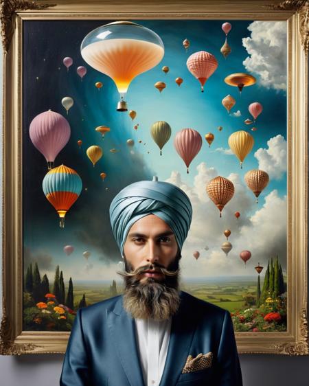 a man with a beard and a turban, Home & Garden > Decor > Home Fragrance Accessories floating in the air:1.3, Alice Prin, surreal photography, a surrealist painting, art photography, promotional image, a hyperrealistic painting, hyperrealism, panfuturism , <lora:Photo_Fantasy:0.8>