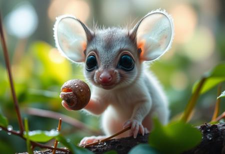 furry little translucent mammal in a rain forest zoomed in, rainbow of light reflection off dew, green and vivid colors, wild fog, large eyes, transparent body, invisible like a jelly fish, huge ears, cute, adorable, eating a nut
