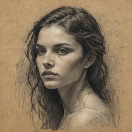 a sketch by By Casey Baugh, a graphic illustration, Sketch in the style of Leonardo da Vinci's sketches of a concept machine, masterpiece, best quality. a 19 year old woman poses, she has delicate features, high cheekbones, a small nose, a round face, external lighting creates a subtle illumination effect. Charcoal and crayon on (parchment:1.2) with very fine colored touches, (shadings:1.1), (loose lines:1.2), Schematic, Conceptual, Abstract, (etching:1.2),