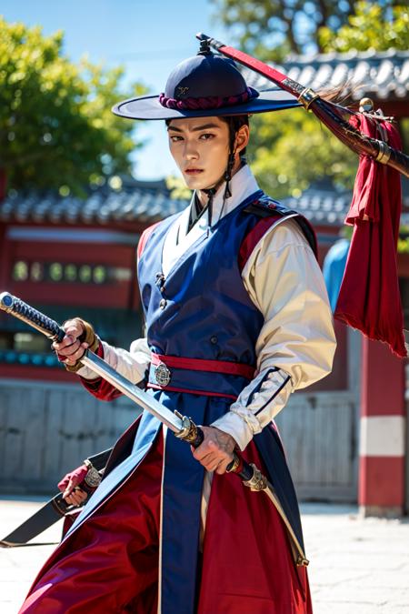 1male, hat, hanbok, korean clothes, outdoors, fighting stance, holding weapon, sword, <lora:hanbok_musa_v7-000004:0.9>