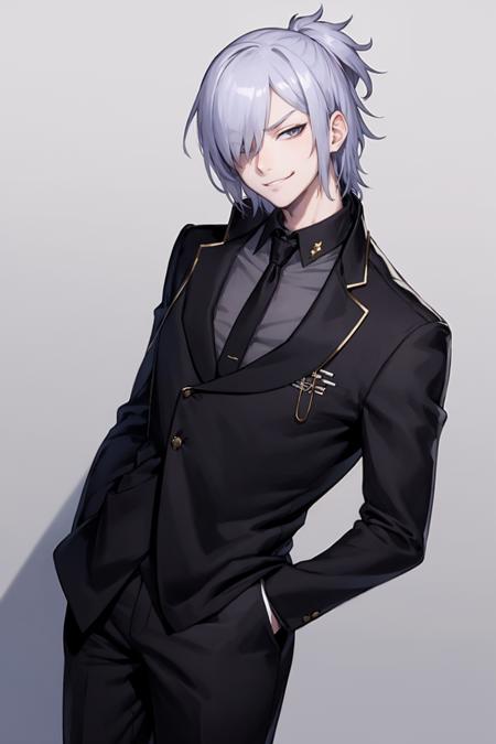 yamatodesu2, black uniform, necktie, gloves hair over one eye