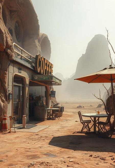 An outside view of a futuristic abandoned lonely coffee shop, post apocalyptic barren planet, dry and dusty, parched surface, hot windy atmosphere