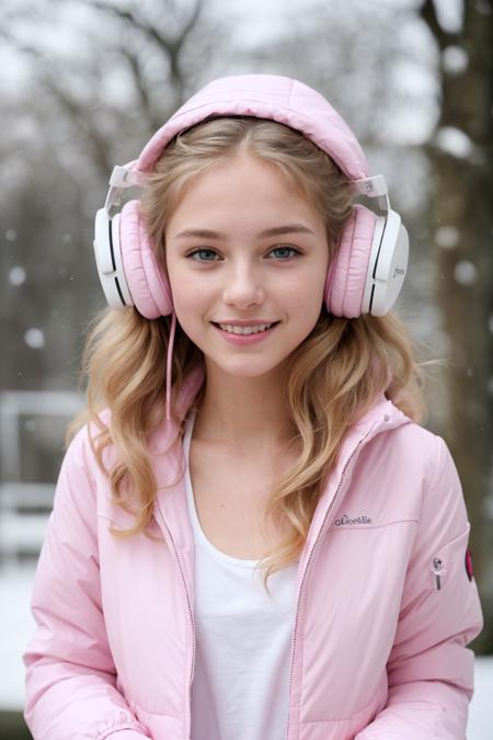 <comment:SUBJECT:0>
photograph of a 18 year old german girl, blonde, very attractive,
<comment:DESCRIPTOR:0>
long lashes, petite, cute,
<comment:HAIR:0>
long hair, curly hair,
<comment:FACE:0>
beautiful face, petite face, youthful face, cute face, nice joyful smile, excited gaze,
flushed cheeks, nices contoured youthful cheeks, beautiful nose, perfect nose,
small nose,
<comment:EYES:0>
green eyes, perfect round eyes, realistic fine detailed eyes, hyper beautiful eyes,
absolute stunning eyes,
<comment:BODY:0>
small body, petite body, medium breasts,
<comment:CLOTHES:0>
(((wearing a open pink down winter jacket with white fleece))), (((wearing pink headphones))), waering a white tank top, pastel blue denim jeans, nice styled clothes,
<comment:MEDIA:0>
in winter, snowfall, Porta 160 color, shot on ARRI ALEXA 65, bokeh, sharp focus on subject,
<comment:WEBSITE_ARTIST:0>
shot by Don McCullin,
<comment:LORAs:0>
<comment:EMBEDDINGS:0>